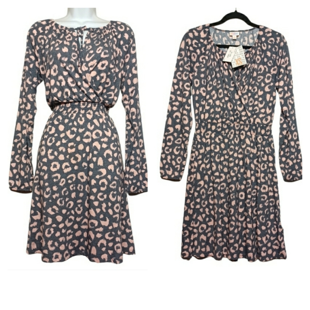LULAROE Blush Pink Gray Leopard Animal Print Jody Stretchy Long Sleeve Dress NWT